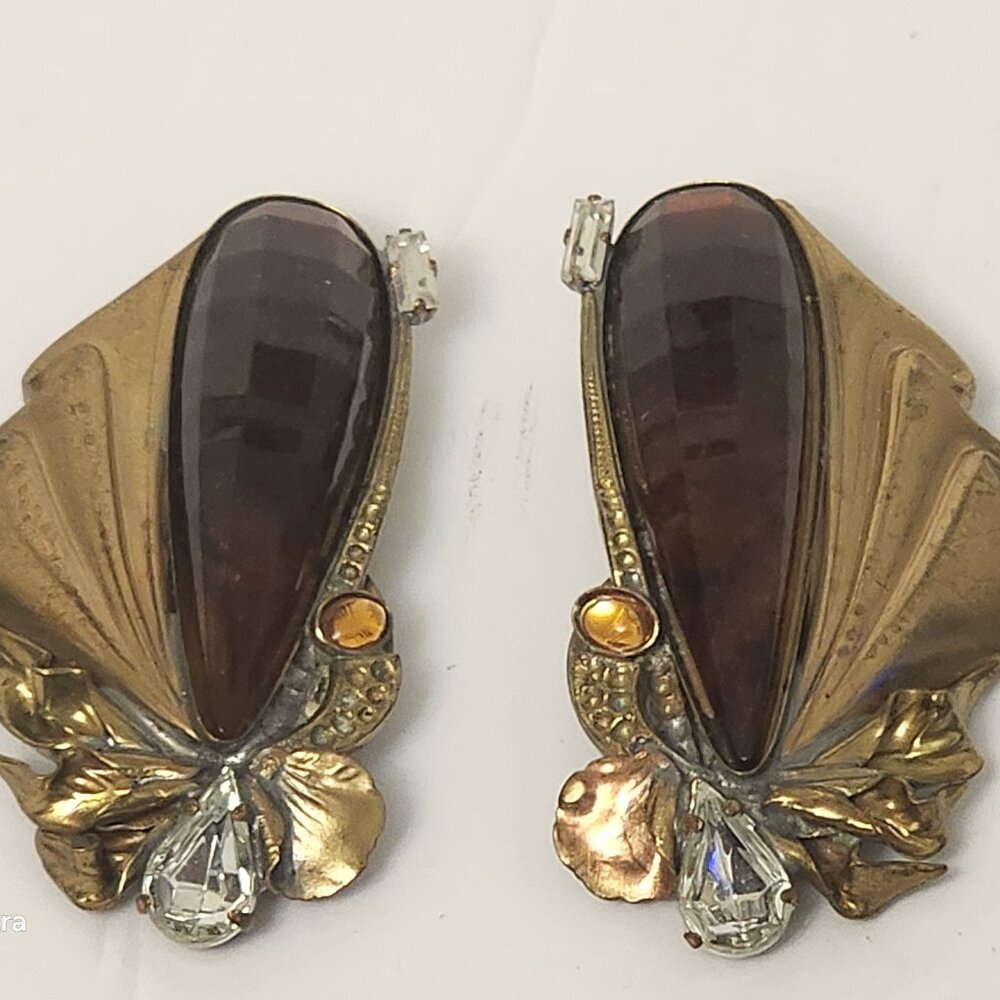 BRIGLIA  Clip-on Preowned Earrings  Metal Color stones  Art Deco Inspired